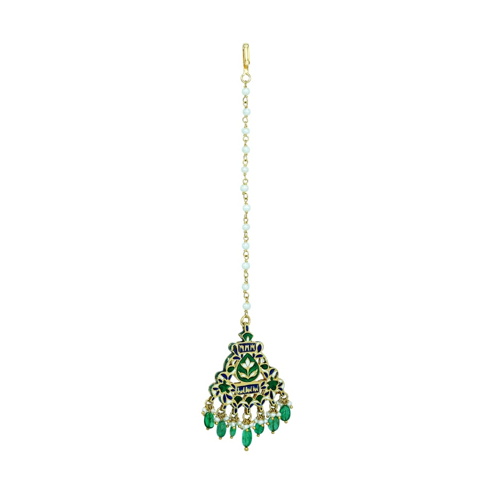 Green Enamel Polki Mangtikka with Pearl and Emerald Drops